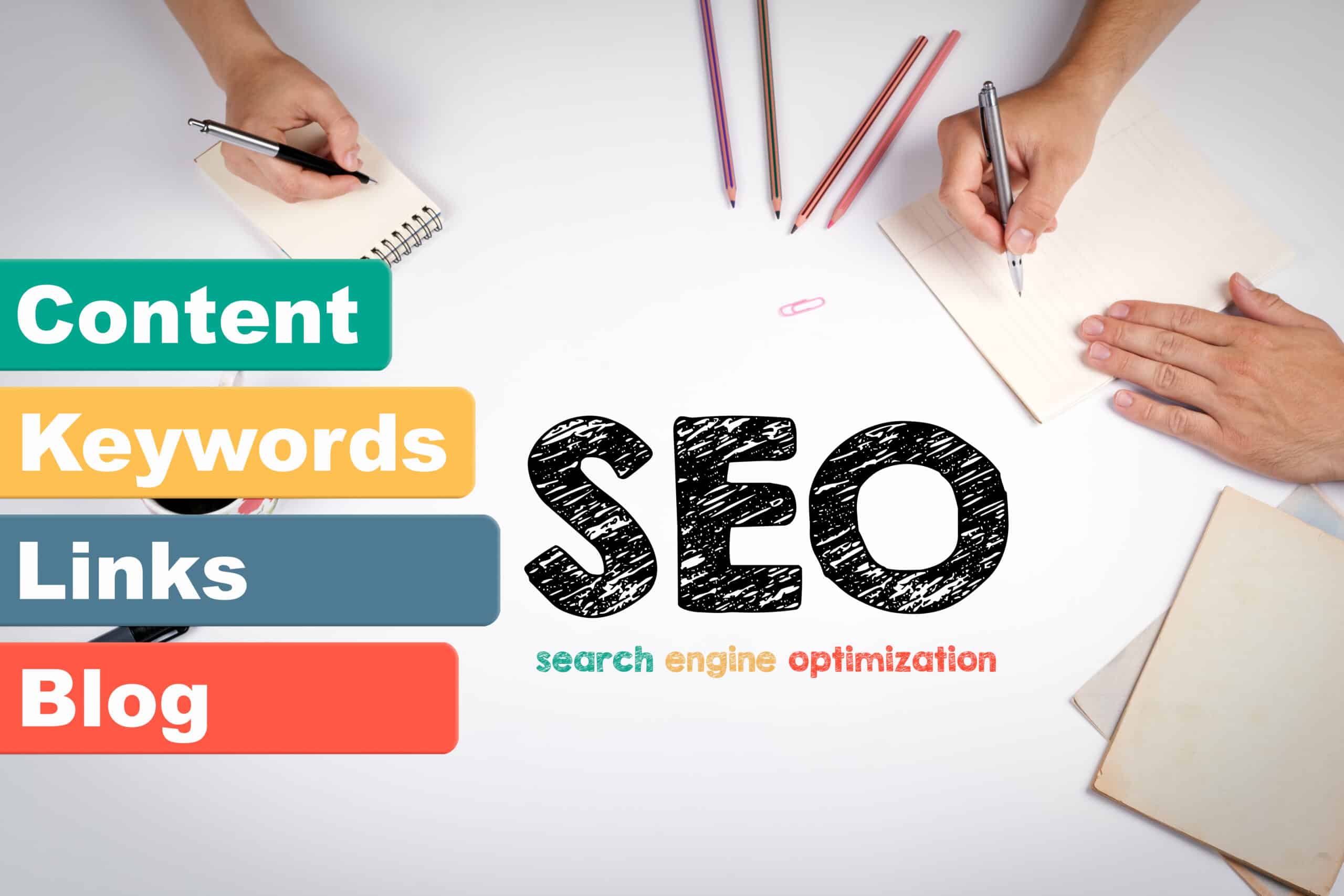seo search engine optimization, business concept. The meeting at the white office table.