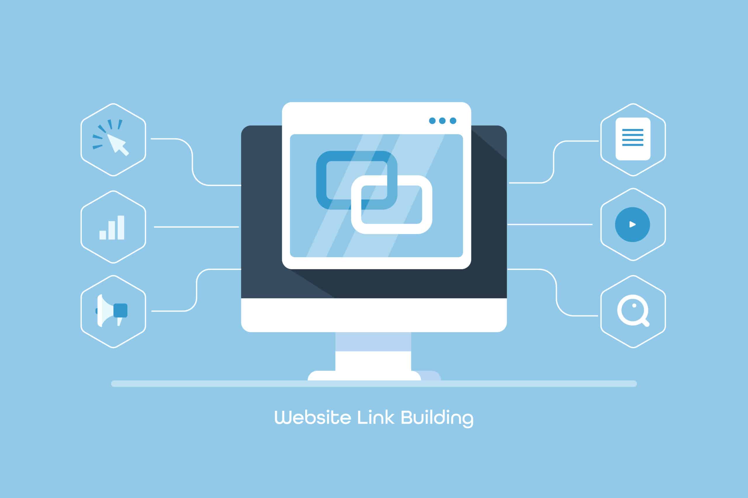 Seo link building - website optimization - digital marketing - backlink creation process. Flat design link building web banner.