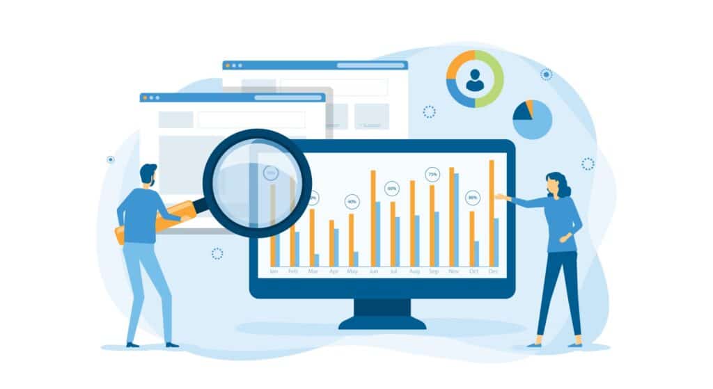 A cartoon graphic of digital marketers holding a magnifyinf glass up to website traffic statistics.