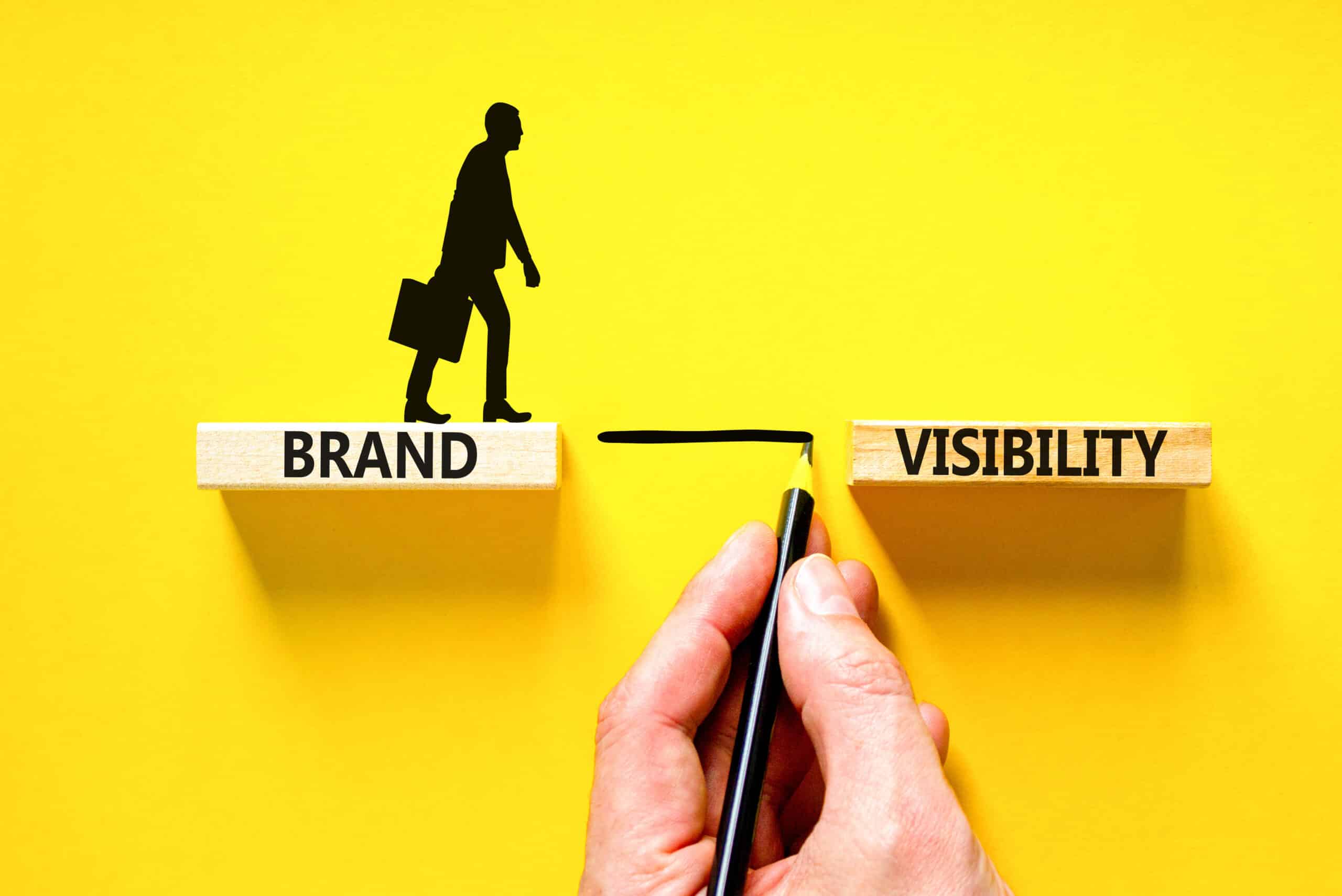 Brand visibility symbol. Concept words Brand visibility on wooden blocks. Beautiful yellow table yellow background. 
