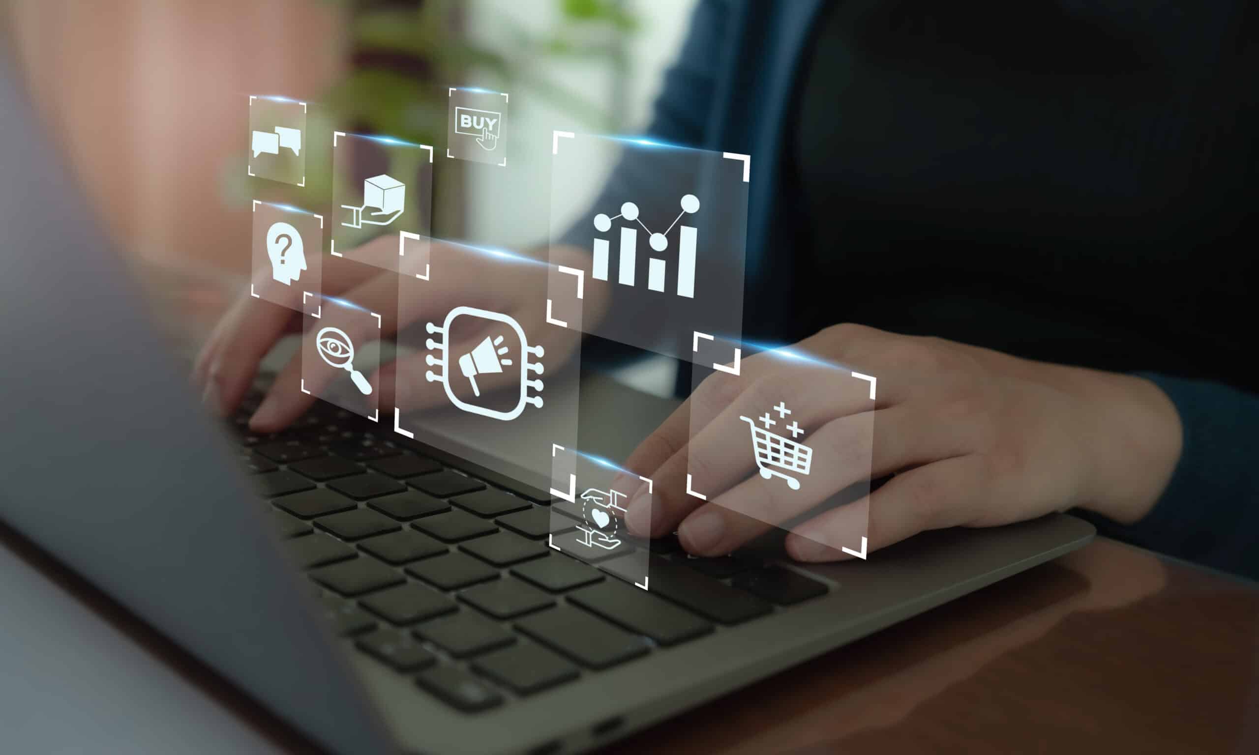 Marketing automation, growth marketing strategy concept. Digital marketing automation tools used for all in one, email marketing, social media, customer journey, pricing, advertising, and loyalty.