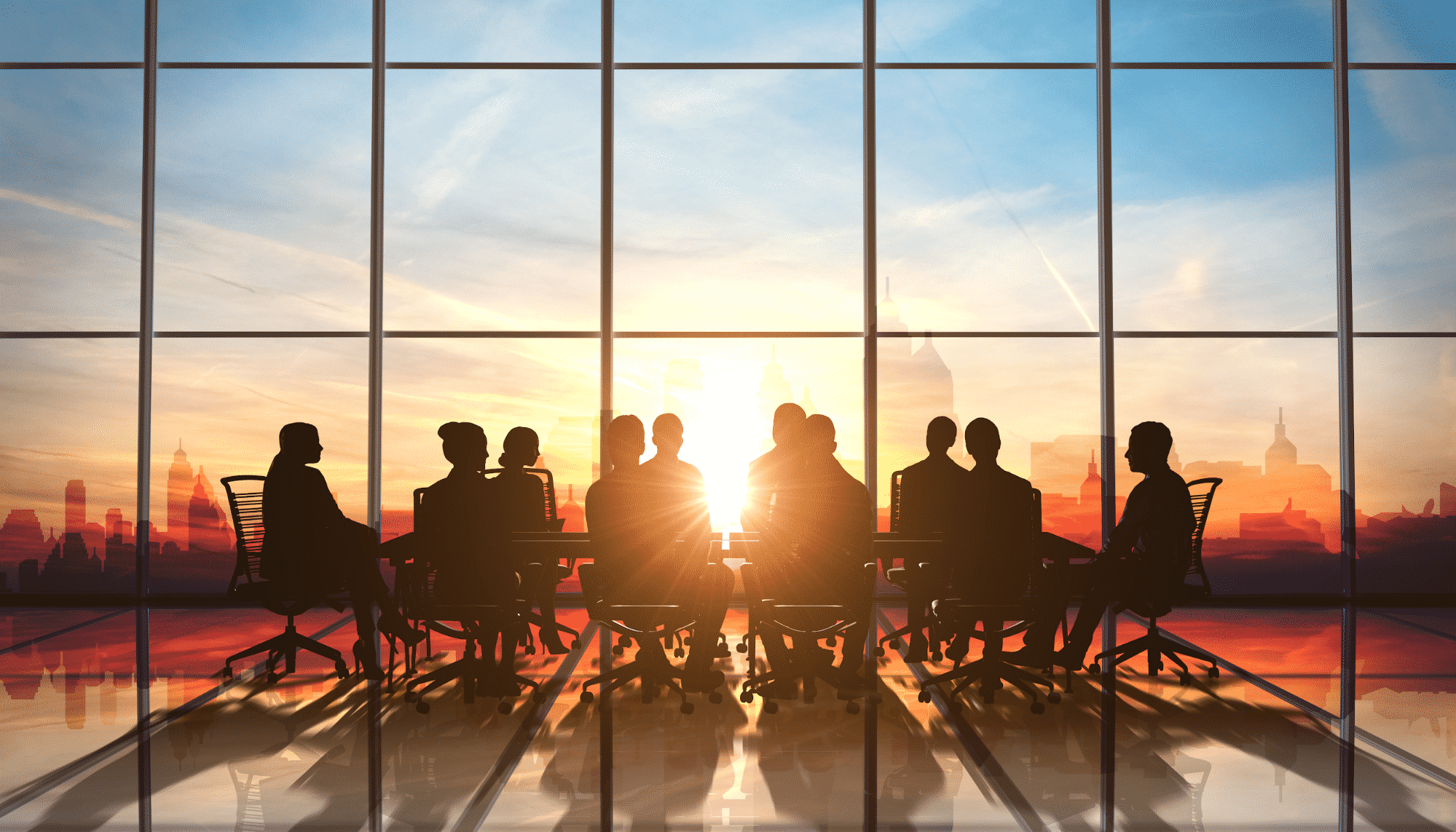 people sitting at a table in a glass conference room with the sun setting in the background