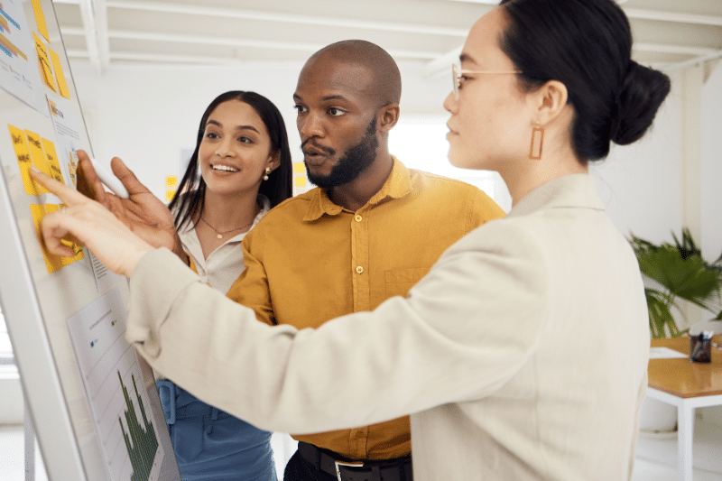 Display Advertising Platforms - Board, brainstorming and team with ideas and meeting, diversity and discussion with plan on sticky note. Inspiration, agenda and objective, analytics and research